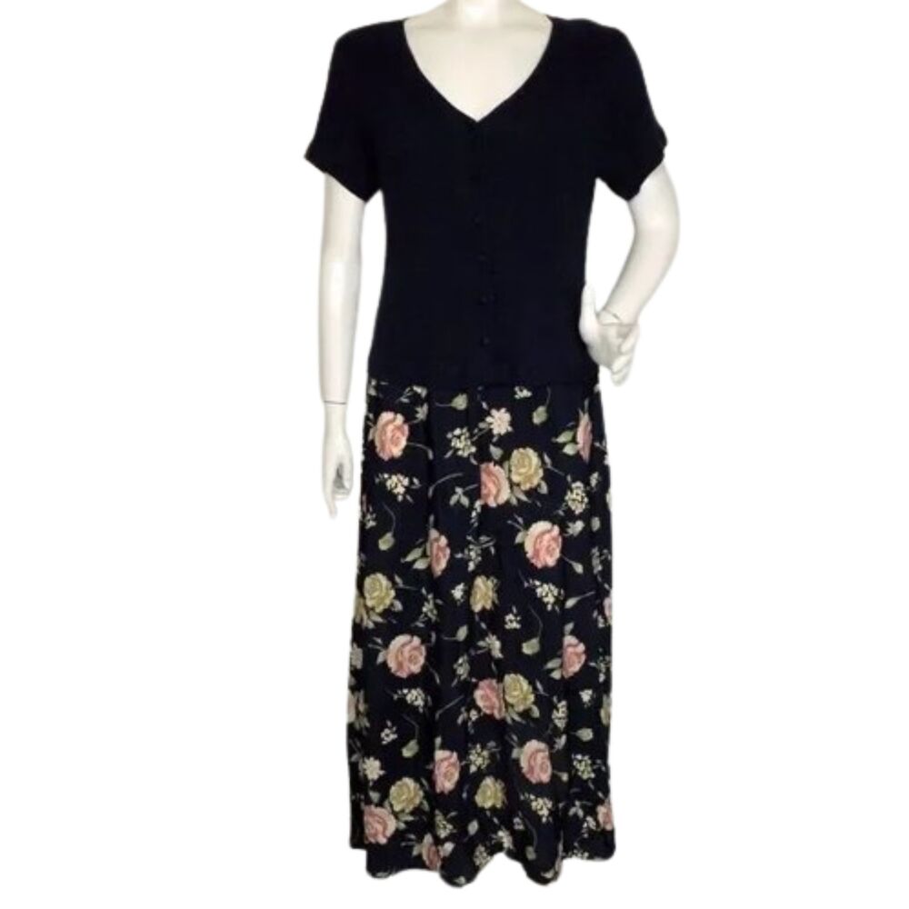 new EXPRESSIONS Dress, L, Vintage, Ribbed Blue Upper/Poly Maxi Skirt, Short slv
